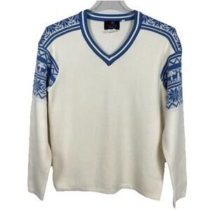 Vintage 70s Ski Sweater Men's L Blue White Fairisle Nordic Reindeer Holiday